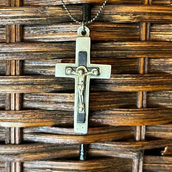 Antique French pectoral cross silver tone inlaid with wood over 100 years old - Picture 4 of 10